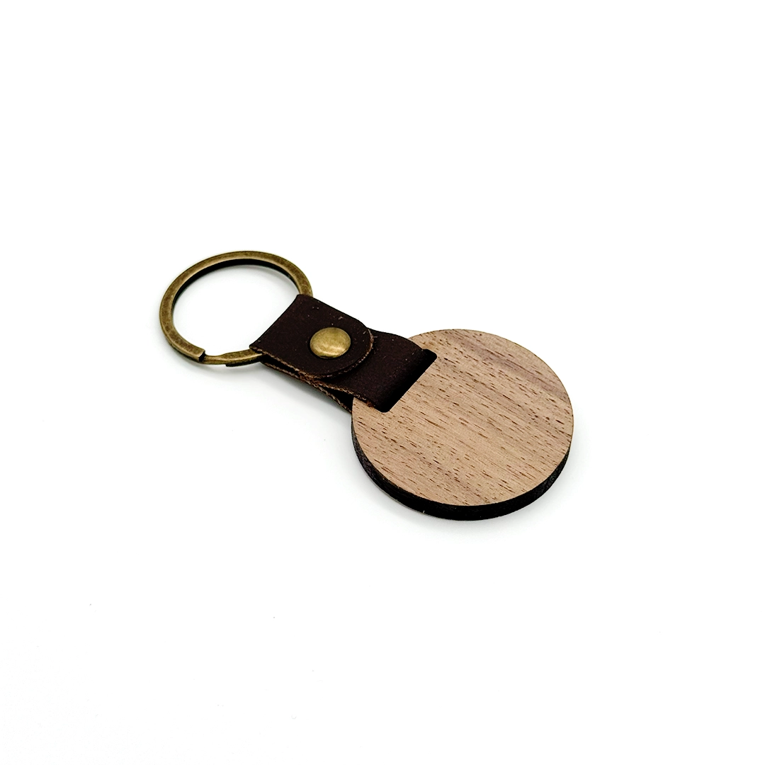 Walnut + Leather Round Keychain