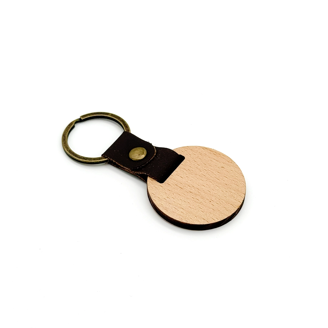 Beech + Leather Round Keychain